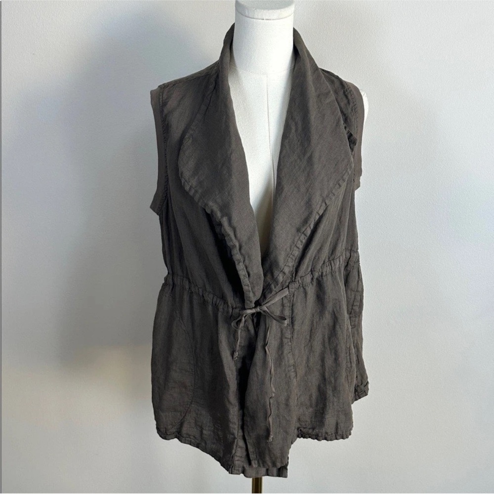 Flax Womens Linen Draped Lightweight Lagenlook Tie Waist Neutral Vest Cardigan